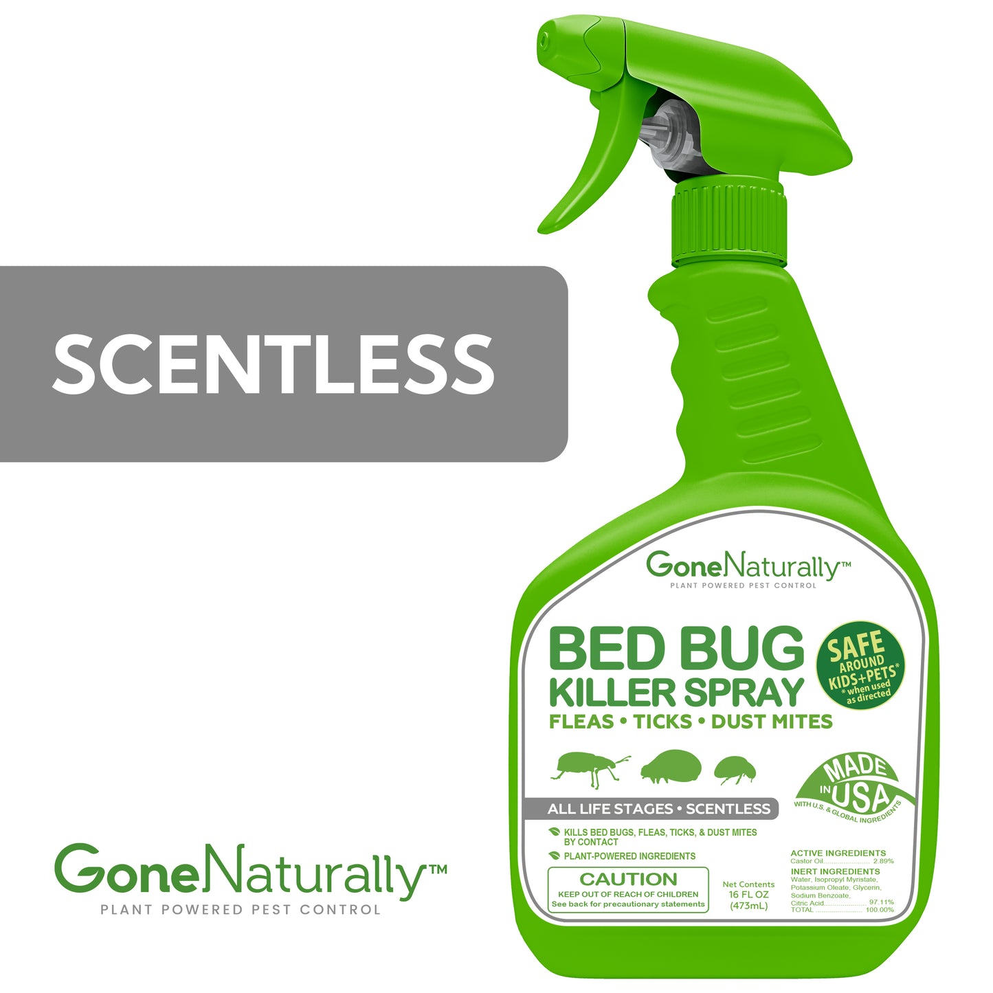 GoneNaturally Scentless Bed Bug Killer Spray. Kills bed bugs, fleas, ticks, mites & eggs. Kid/pet safe. 16oz.
