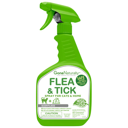GoneNaturally Flea and Tick Spray for Cats & Home– Natural Flea and Tick Prevention for Cats– Bed Bug Spray & Multi-Insect Killer– Scentless Plant-Based Formula Kills on Contact (16 oz)