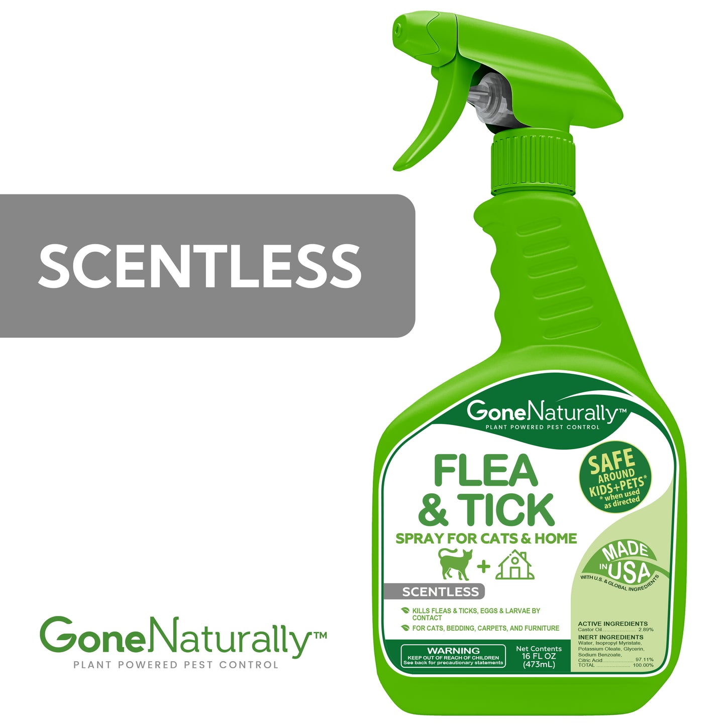 GoneNaturally Scentless Flea and Tick Spray for Cats & Home. 16oz.