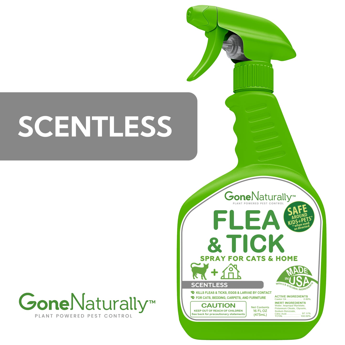 GoneNaturally Scentless Flea and Tick Spray for Cats & Home. Kills fleas, ticks, bed bugs & more. 16oz.