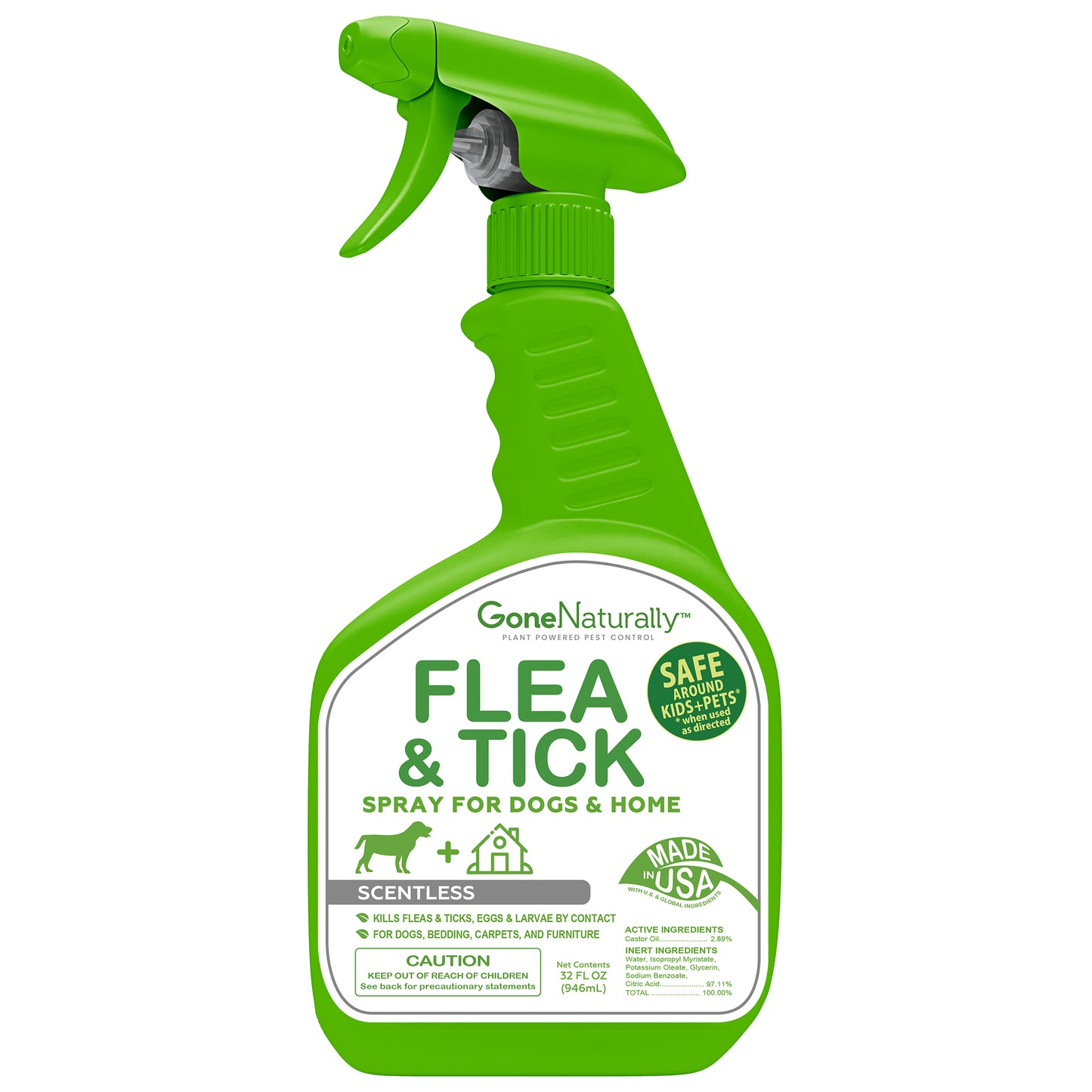 GoneNaturally Flea and Tick Spray for Dogs & Home–  Natural Flea and Tick Prevention for Dogs– Bed Bug Spray & Multi-Insect Killer– Scentless Plant-Based Formula Kills on Contact (32 oz)