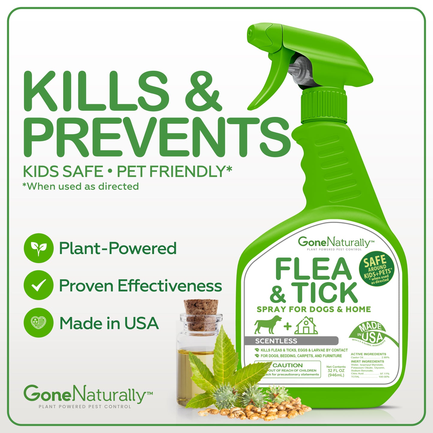 GoneNaturally Flea and Tick Spray for Dogs & Home–  Natural Flea and Tick Prevention for Dogs– Bed Bug Spray & Multi-Insect Killer– Scentless Plant-Based Formula Kills on Contact (32 oz)