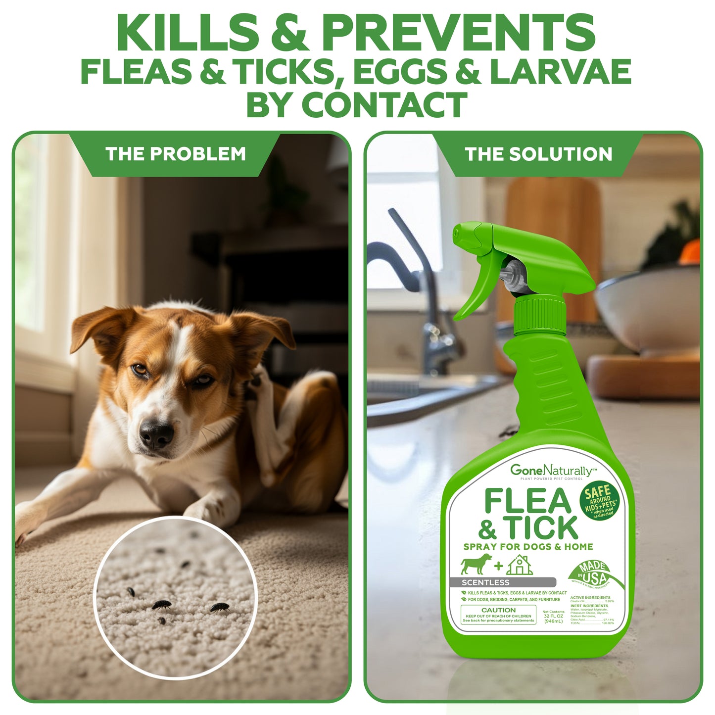 GoneNaturally Flea and Tick Spray for Dogs & Home–  Natural Flea and Tick Prevention for Dogs– Bed Bug Spray & Multi-Insect Killer– Scentless Plant-Based Formula Kills on Contact (32 oz)