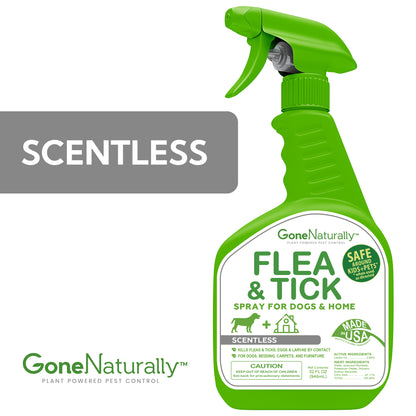 GoneNaturally Scentless Flea and Tick Spray for Dogs & Home. Kills fleas, ticks, bed bugs. 32oz.