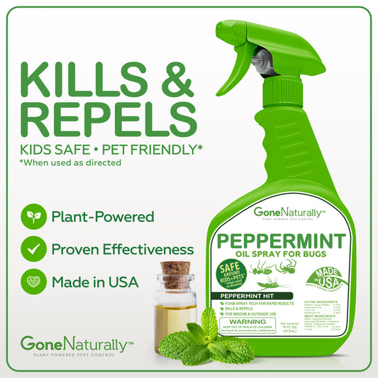 GoneNaturally Peppermint Oil Spray for Bugs–  Insect Repellent & Bug Spray for Home– Kills & Repels Ants, Roaches, Spiders, Flies, Mosquitoes & More– Safe for Kids & Pets– Indoor & Outdoor Use (16oz)
