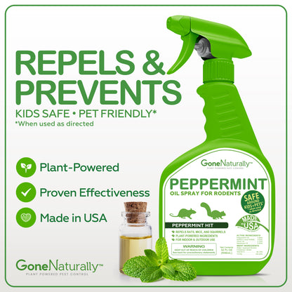 GoneNaturally Peppermint Oil Spray for Rodents– Peppermint Scented Rodent Repellent Spray– Mouse Repellent Spray Indoor Outdoor– Rat and Squirrel Repellent Spray for house– Safe for Pets & Kids (32oz)