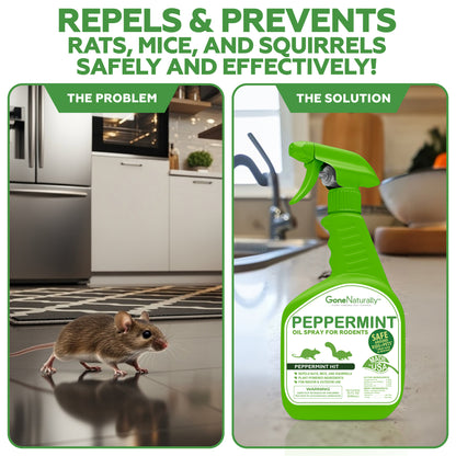 GoneNaturally Peppermint Oil Spray for Rodents– Peppermint Scented Rodent Repellent Spray– Mouse Repellent Spray Indoor Outdoor– Rat and Squirrel Repellent Spray for house– Safe for Pets & Kids (32oz)