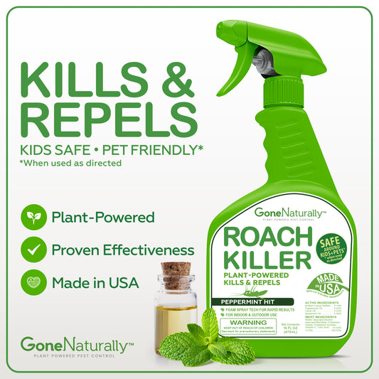 GoneNaturally Roach Killer – Natural Peppermint Oil Roach Spray for Indoor & Outdoor Use – Cockroach Killer & Roach Repellent for Home – Safe for Kids & Pets – Non-Toxic Pest Control (16oz)