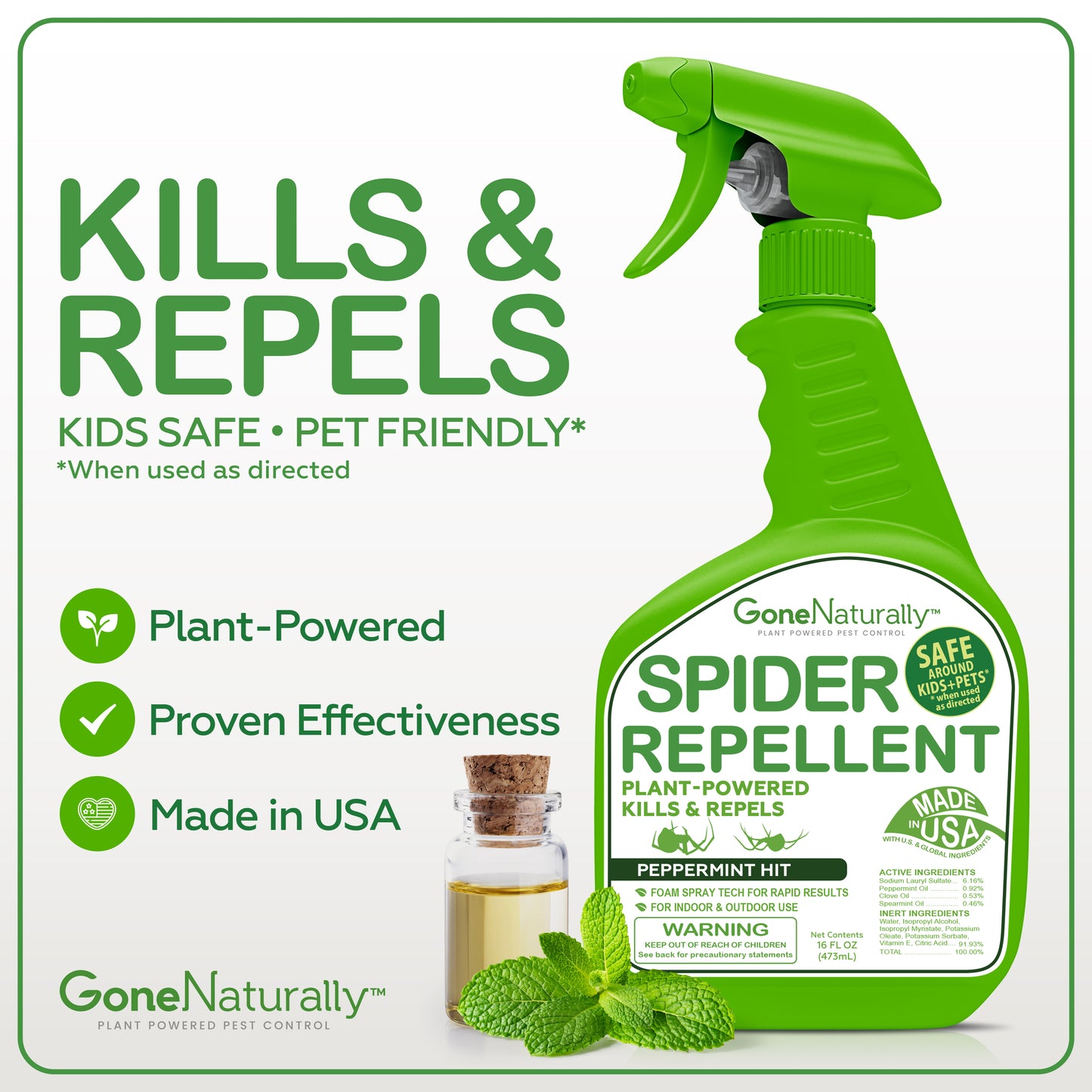 GoneNaturally Spider Repellent – Natural Peppermint Oil Spider Spray for Indoor & Outdoor Use – Spider Killer & Repellent for Home – Safe for Kids & Pets – Non-Toxic Pest Control Solution (16oz)