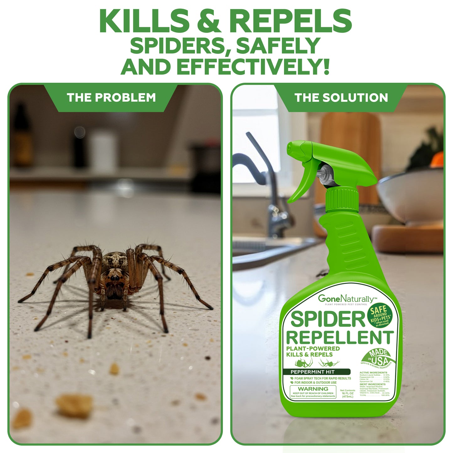 GoneNaturally Spider Repellent – Natural Peppermint Oil Spider Spray for Indoor & Outdoor Use – Spider Killer & Repellent for Home – Safe for Kids & Pets – Non-Toxic Pest Control Solution (16oz)